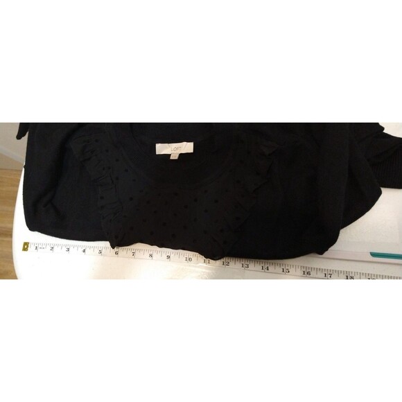 LOFT WOMENS XS BLACK DRESS SWEATER KNIT SHEER POLKA DOTS RIBBED SHIFT RUFFLED - Picture 6 of 7